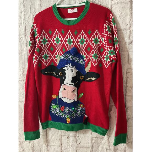 Holiday Time Ugly Christmas Sweater Lights Up Unisex M (38/40)Cow Sweater - Picture 1 of 7